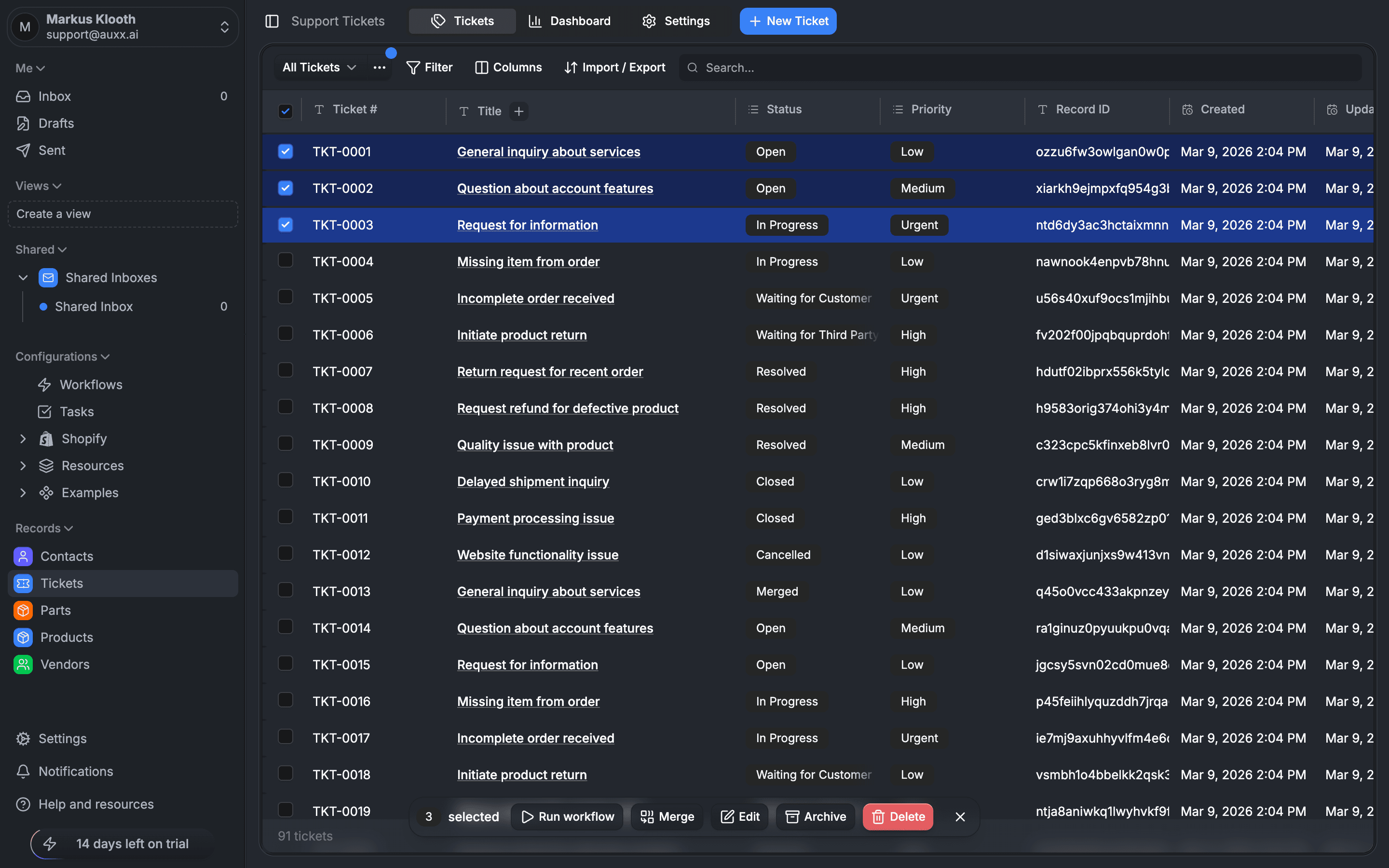 Bulk action toolbar showing Run workflow, Merge, Edit, Archive, and Delete options with 3 tickets selected