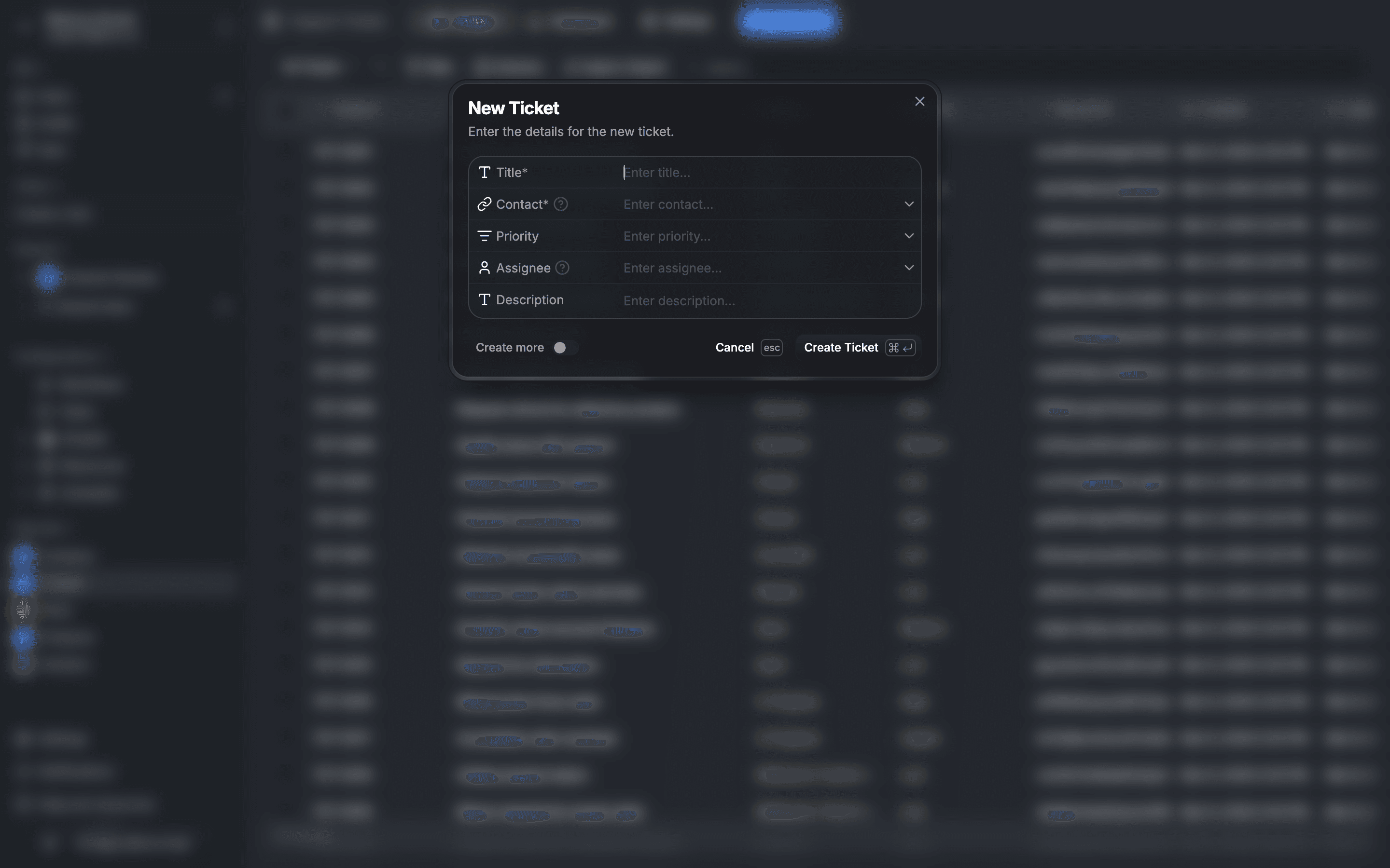 New Ticket dialog with title, contact, priority, assignee, and description fields