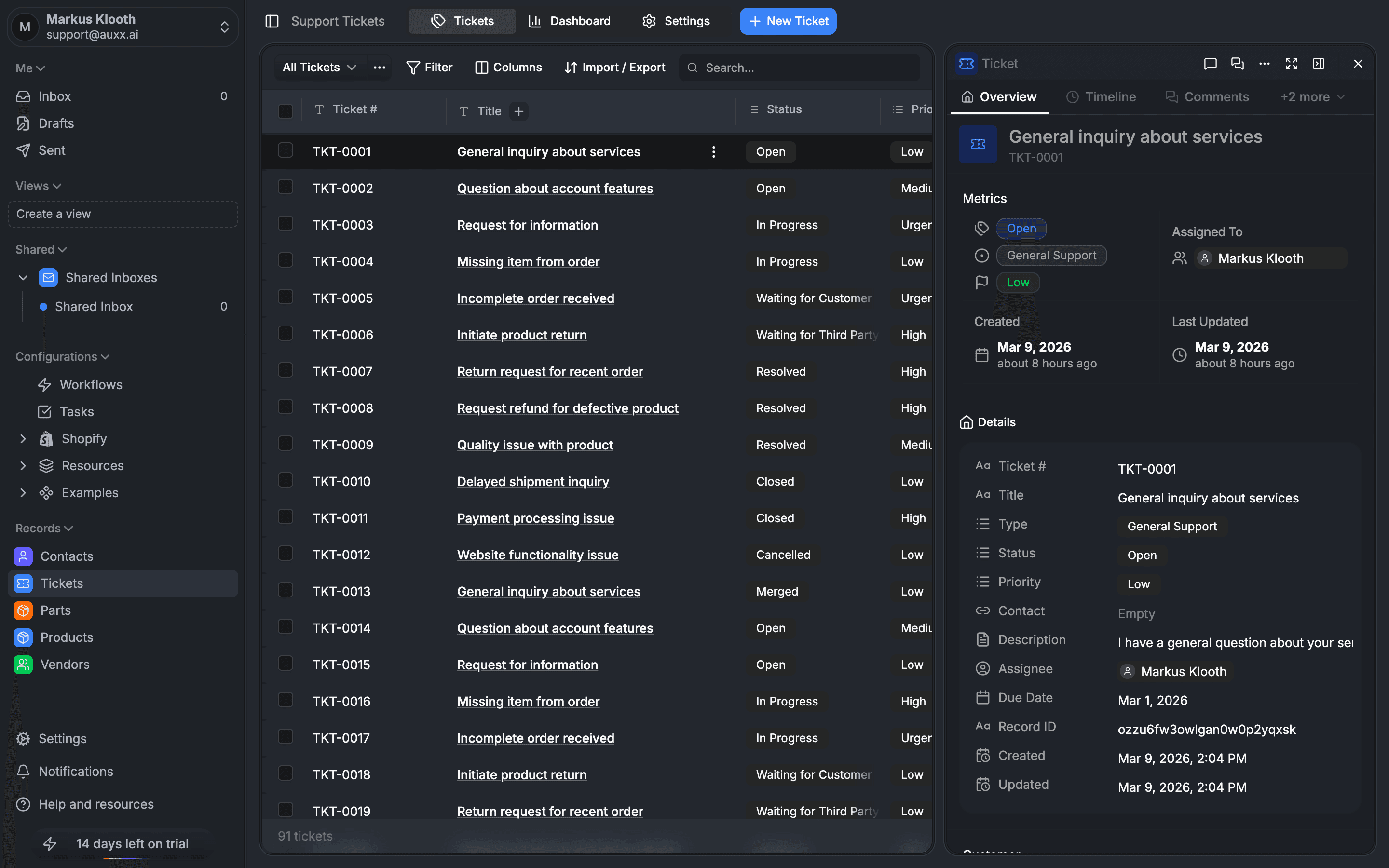 Ticket detail view showing the sidebar with status, priority, type, assignee, and other fields
