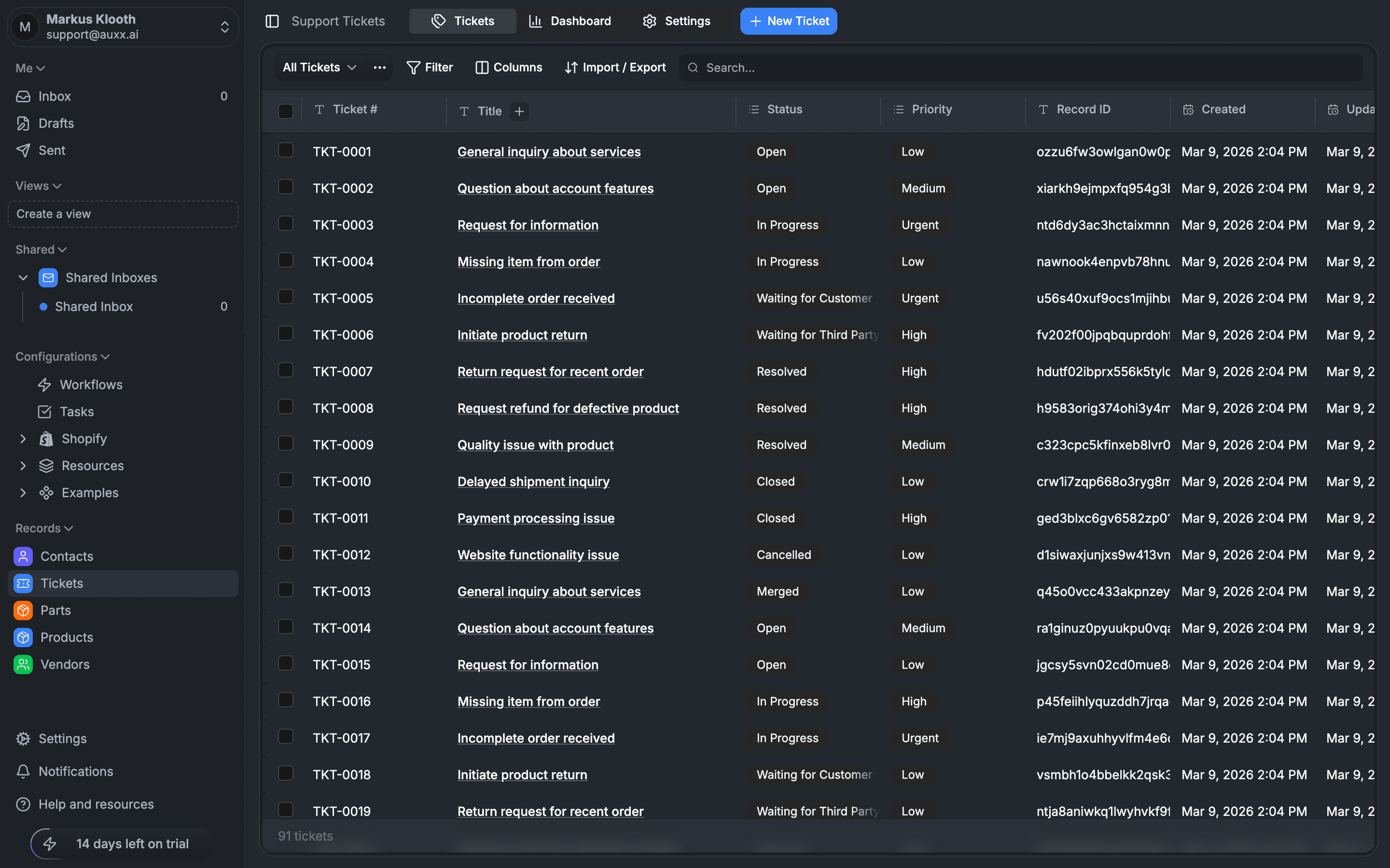 Tickets list showing various statuses — Open, In Progress, Waiting for Customer, Resolved, Closed, Cancelled, and Merged